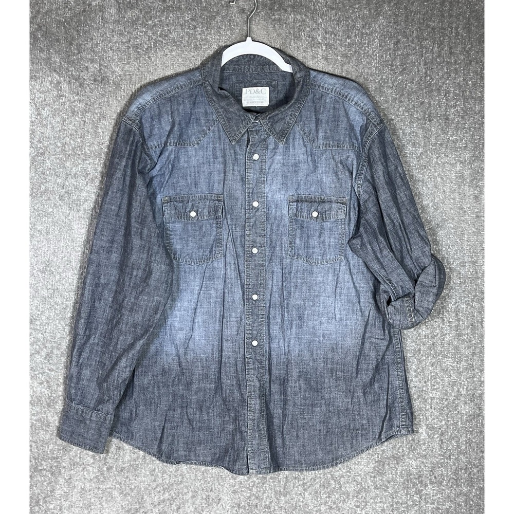 PD&C Western Pearl Snap Denim Shirt Mens Size XL Blue Cotton‎ Roll Tab Sleeves